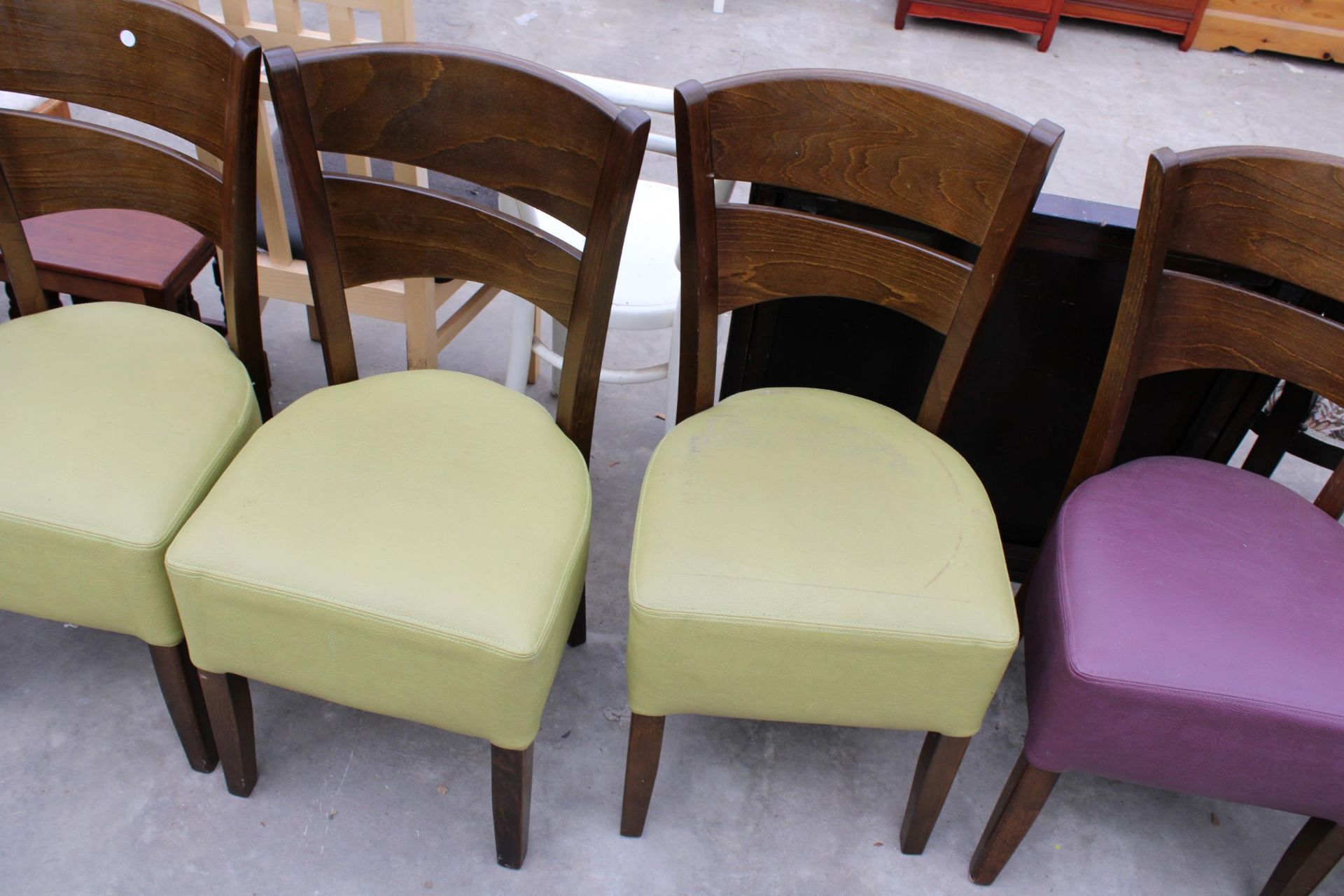 A SET OF FIVE MODERN GEOMETRIC FURNITURE DINING CHAIRS WITH FAUX LEATHER STRAP - Image 3 of 3