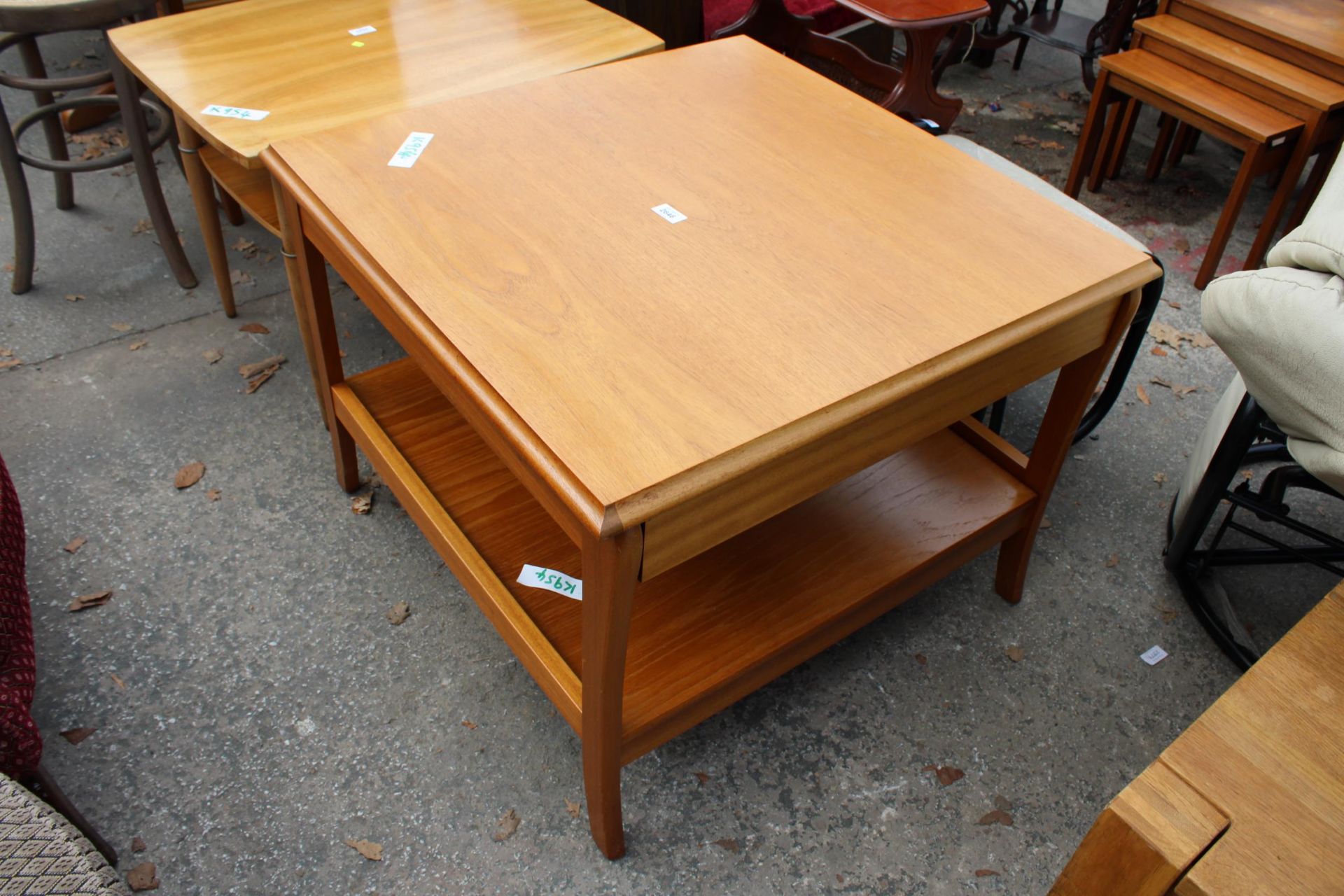 A RETRO TEAK TWO TIER COFFEE TABLE WITH PULL-OUT SLIDES, 29.5" SQUARE