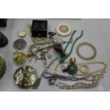 A QUANTITY OF COSTUME JEWELLERY TO INCLUDE CHAINS AND PENDANTS, RINGS, MODERN POCKET WATCHES,