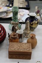 A MIXED LOT TO INCLUDE A WOODEN BOX, VASES, BIRD FIGURES, A SILVER PLATED SUGAR SIFTER AND JUG, ETC