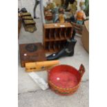 AN ASSORTMENT OF ITEMS TO INCLUDE A SHOE STRETCHER, A LETTER RACK AND A TREEN BOWL ETC