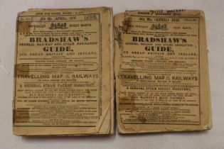 A BRADSHAWS MONTHLY RAILWAY GUIDE DATED APRIL 1855 AND A FURTHER COPY APRIL 1870, PAPERBACK VERSIONS