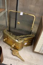 TWO BRASS FIRE FRONTS, A FIRE SCREEN AND BRASS BELOWS ETC