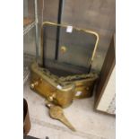 TWO BRASS FIRE FRONTS, A FIRE SCREEN AND BRASS BELOWS ETC