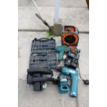 AN ASSORTMENT OF TOOLS TO INCLUDE A MAKITA DRILL, A RIP SAW AND A DRILL BIT SET ETC