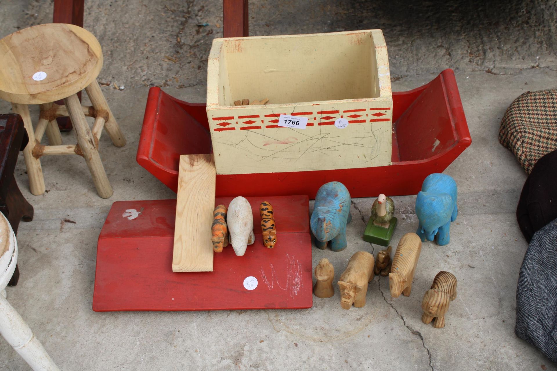 A VINTAGE WOODEN NOAHS ARK AND ANIMALS