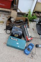 AN ASSORTMENT OF ITEMS TO INCLUDE A POWER SPRAYER, A MAKITA TOOL BOX AND A TILE CUTTER ETC