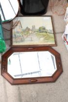 A FRAMED PRINT AND AN OAK FRAMED WALL MIRROR