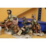 THREE LARGE CAPODIMONTE FIGURES TO INCLUDE A GAMEKEEPER, MAN WITH GUITAR AND FISHERMAN