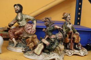 THREE LARGE CAPODIMONTE FIGURES TO INCLUDE A GAMEKEEPER, MAN WITH GUITAR AND FISHERMAN