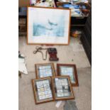 AN ASSORTMENT OF ITEMS TO INCLUDE A CAMERA, A FRAMED PRINT AND FRAMED CIGARETTE CARDS ETC