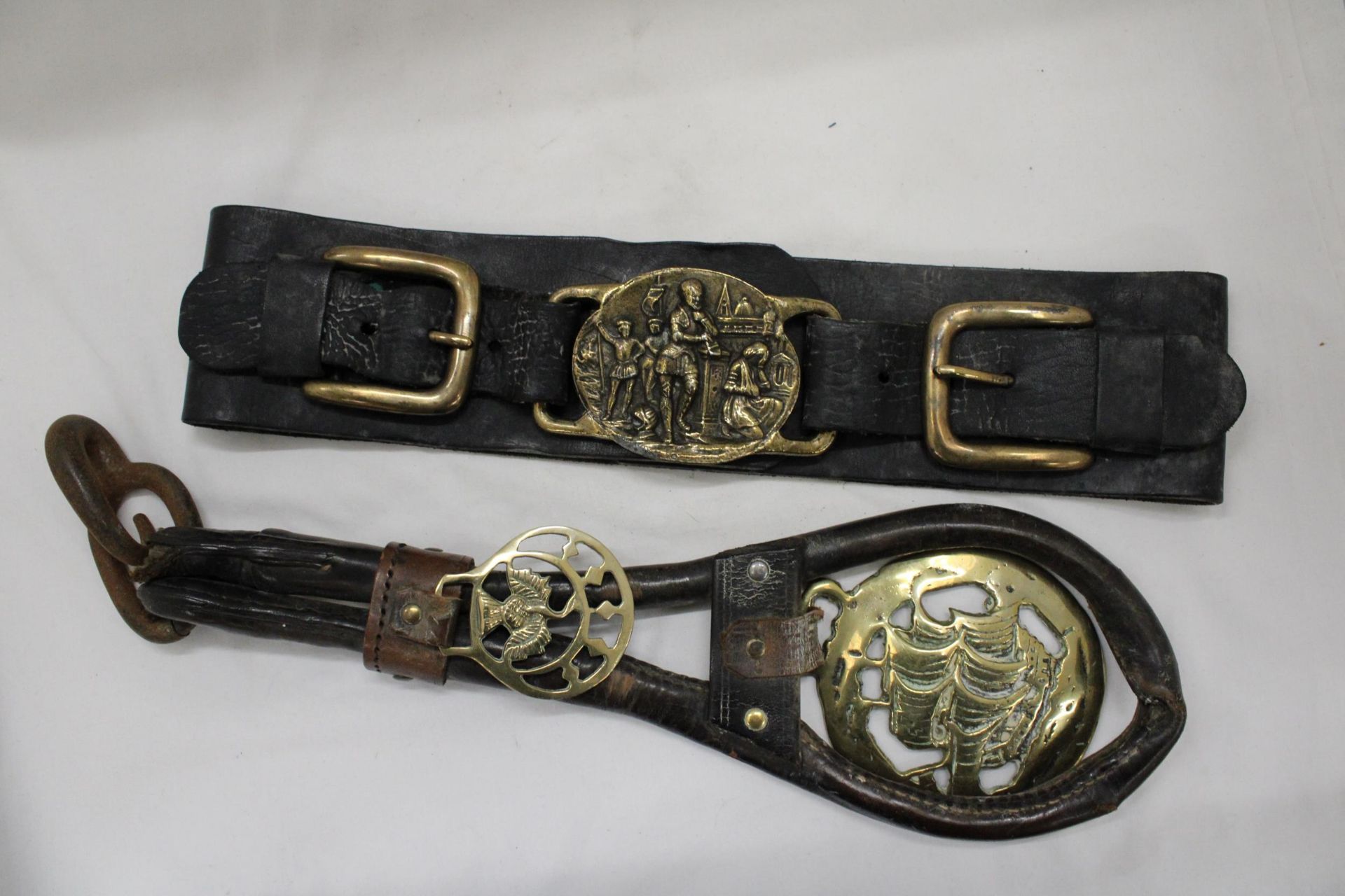 TWO HORSE BRASSES ON LEATHER STRAPS - Image 2 of 6