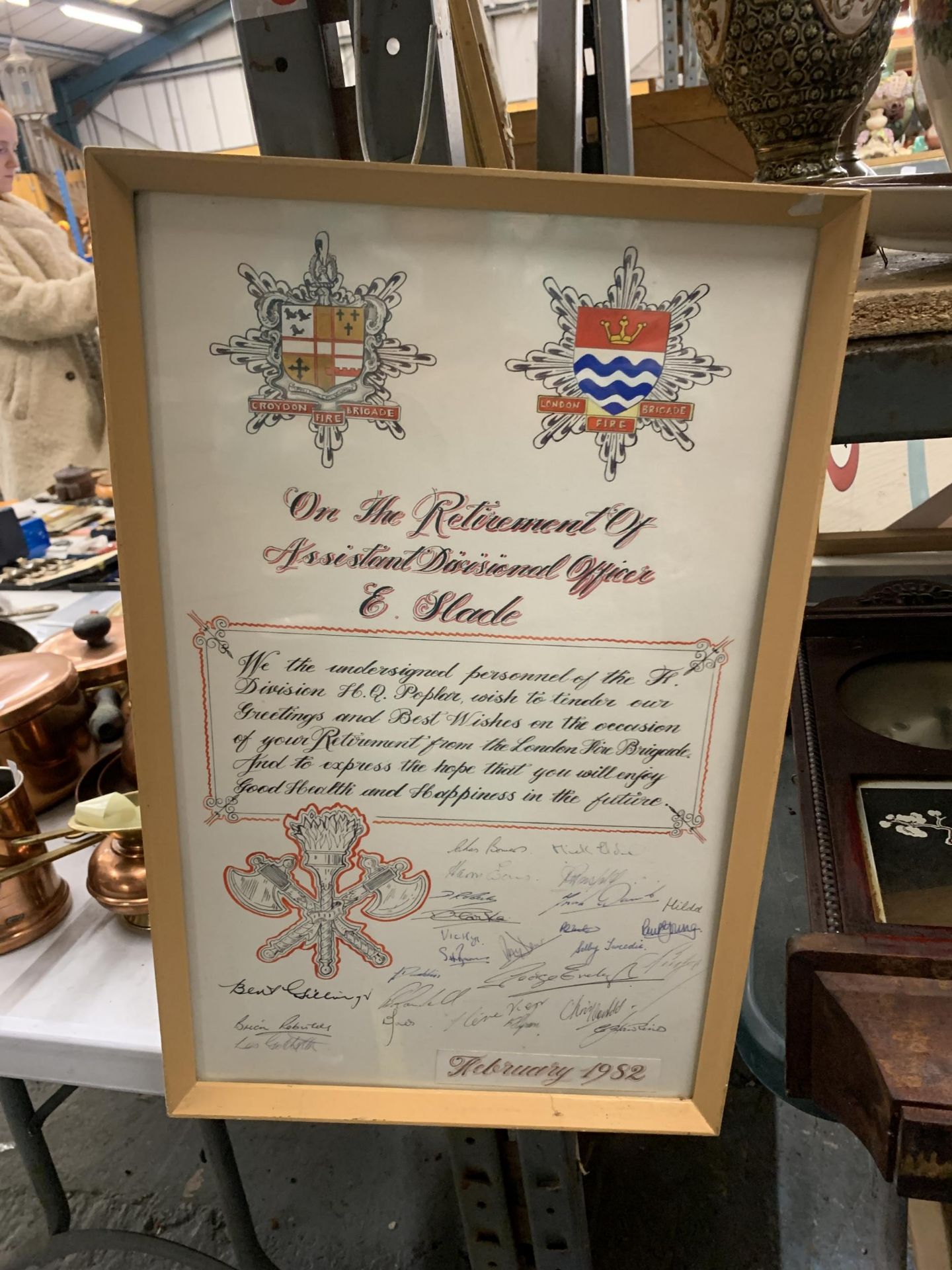 A VINTAGE LONDON FIRE BRIGADE MULTI SIGNED CERTIFICATE IN FRAME