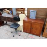 A SMALL PAINTED WALL CABINET, BEDROOM CHAIR, SWIVEL OFFICE CHAIR AND A TEAK TWO DOOR CABINET