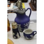 THREE PIECES OF JASPERWARE TO INCLUDE A WEDGWOOD JUG WITH PEWTER LID - A/F TO BASE, AN ADAMS SMALL