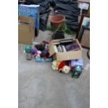 AN ASSORTMENT OF ITEMS TO INCLUDE TOYS, BOOKS AND PLANT POTS ETC