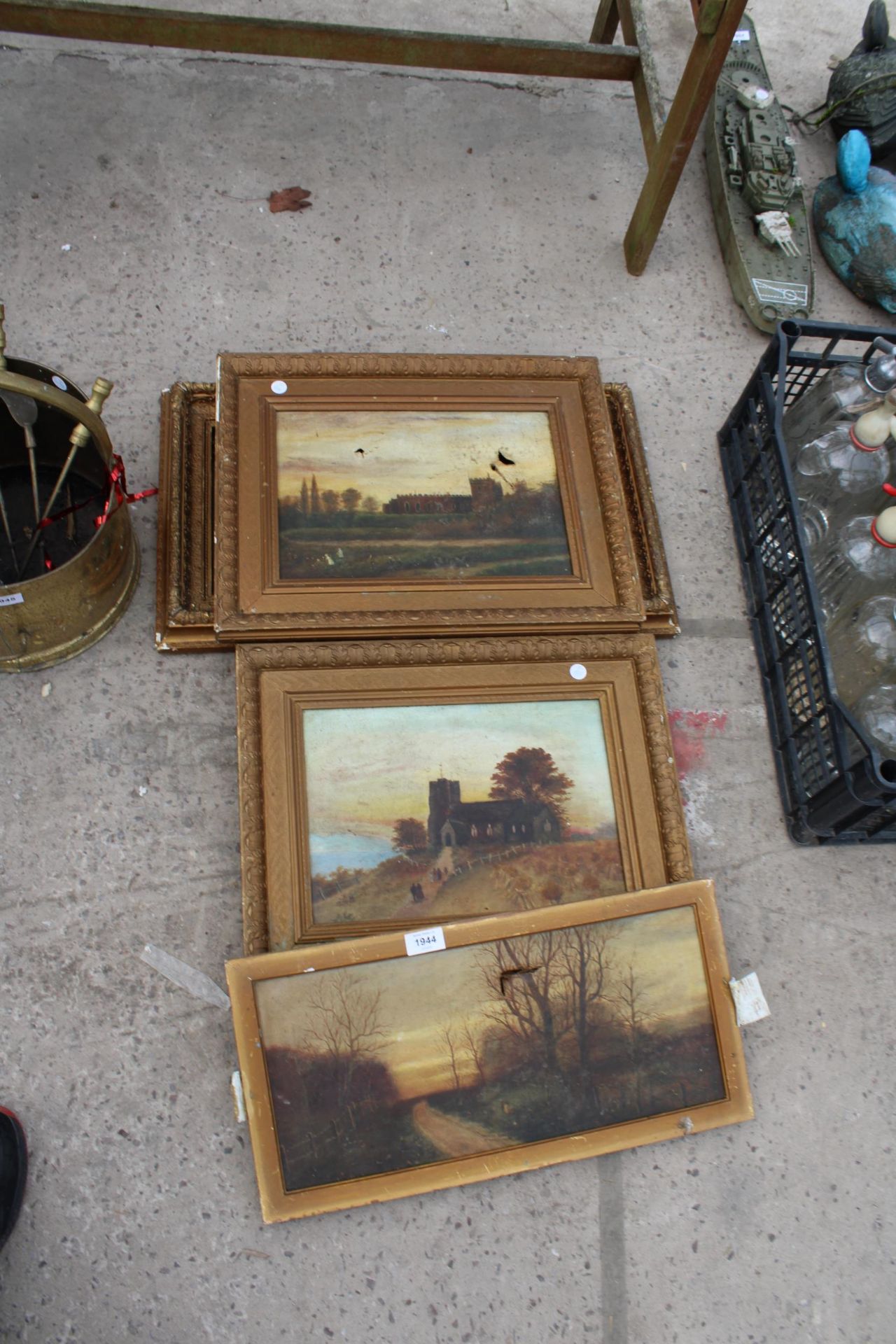 THREE GILT FRAMED PRINTS AND A GILT PICTURE FRAME