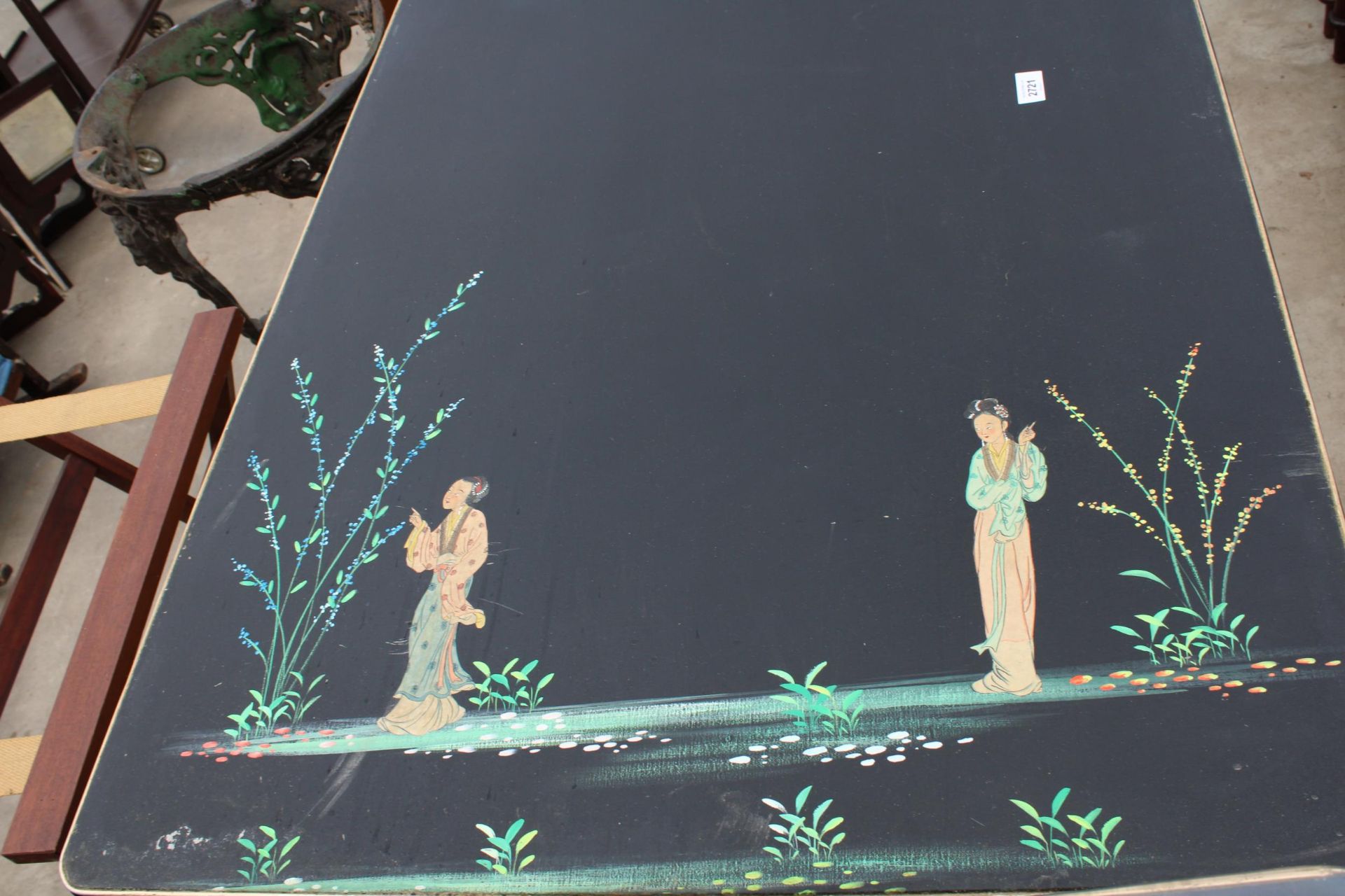 A 1960'S ITALIAN DINING TABLE ON BLACK TAPERING LEGS, THE TOP FEATURING CHINOISERIE DECORATION IN - Image 4 of 5