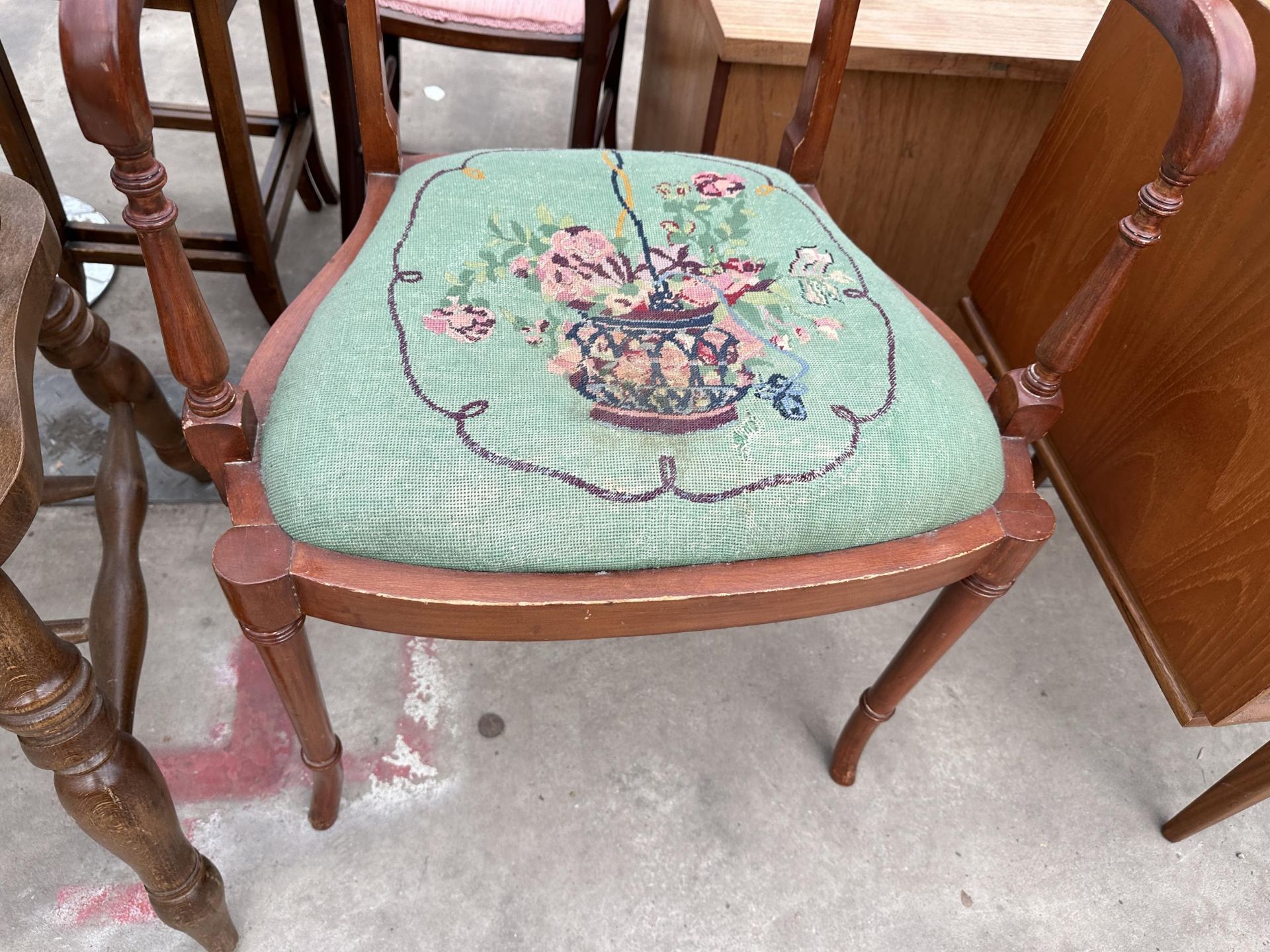 A VICTORIAN STYLE BEECH FRAMED CAPTAINS CHAIR AND SHERATON STYLE CARVED CHAIRS WITH WOOLWORK SEAT - Image 3 of 5