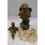A VINTAGE METAL MMODEL OF A CHERUB, HEIGHT 42CM, PLUS TWO WALL HANGING CHERUBS, 1 A/F