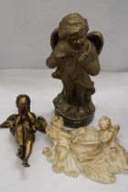 A VINTAGE METAL MMODEL OF A CHERUB, HEIGHT 42CM, PLUS TWO WALL HANGING CHERUBS, 1 A/F