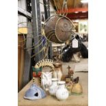 A QUANTITY OF ITEMS TO INCLUDE A LARGE FISH WOODEN ORNAMENT, WOODEN CATS, AN AYNSLEY OWL TRINKET