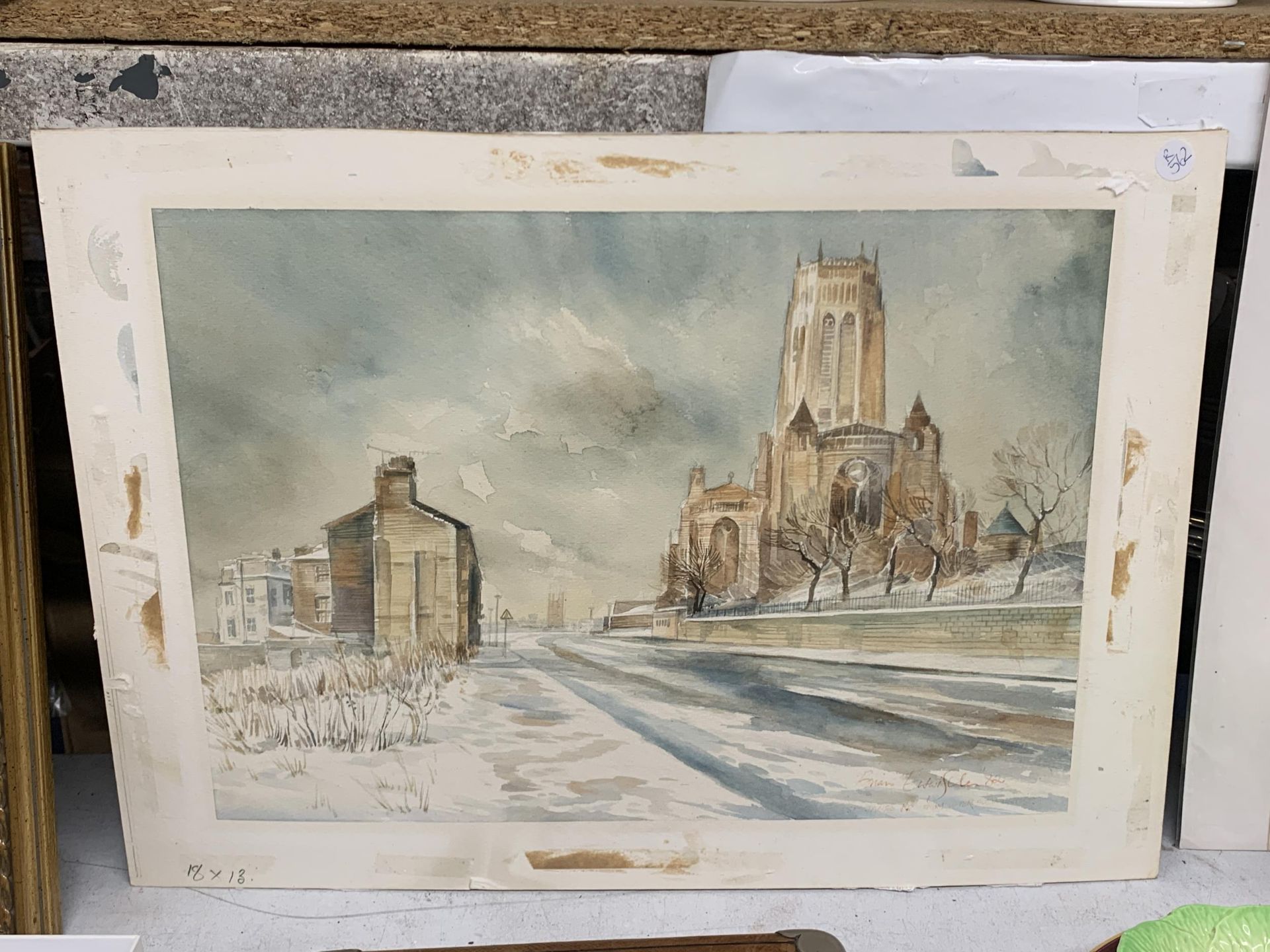 A WATERCOLOUR ON CARD OF LIVERPOOL ANGLICAN CHURCH ON ST JAMES ROAD, SIGNED BRIAN 'R' ENTWISTLE