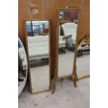 A MODERN GILT EFFECT WALL MIRROR, 46" X 14" AND GOLD EFFECT CHEVAL MIRROR