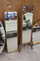 A MODERN GILT EFFECT WALL MIRROR, 46" X 14" AND GOLD EFFECT CHEVAL MIRROR