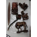 SIX CARVED WOODEN CHINESE ITEMS TO INCLUDE FOO DOGS, A HORSE, MASK, ETC