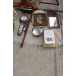 AN ASSORTMENT OF ITEMS TO INCLUDE A BAROMETER, MIRROR AND VINTAGE TINS ETC