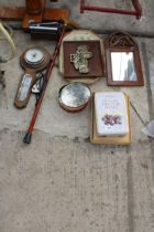 AN ASSORTMENT OF ITEMS TO INCLUDE A BAROMETER, MIRROR AND VINTAGE TINS ETC