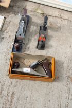 THREE VARIOUS WOOD PLANES TO INCLUDE A WODEN AND A STANLEY ETC