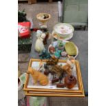 AN ASSORTMENT OF ITEMS TO INCLUDE PRINTS, CERAMICS AND GLASS WARE ETC