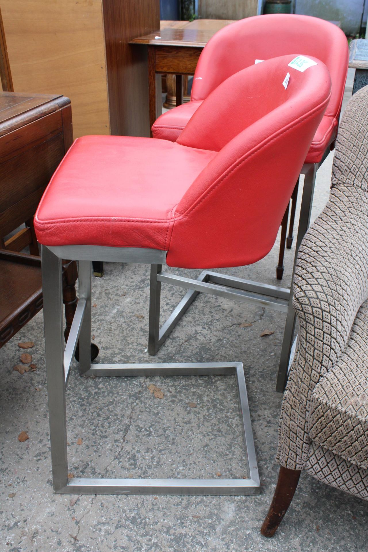 A PAIR OF HIGH BACK BAR STOOLS, STAINLESS STEEL FRAME WITH BRIGHT RED SEATS - Image 2 of 2