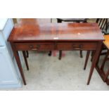 A MAHOGANY AND CROSSBANDED SIDE TABLE WITH TWO FRIEZE DRAWERS ON TAPERING LEGS 35" WIDE
