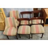 A SET OF FOUR RETRO TEAK DINING CHAIRS AND A PAIR OF CHAIRS IN MATCHING UPHOLSTERY