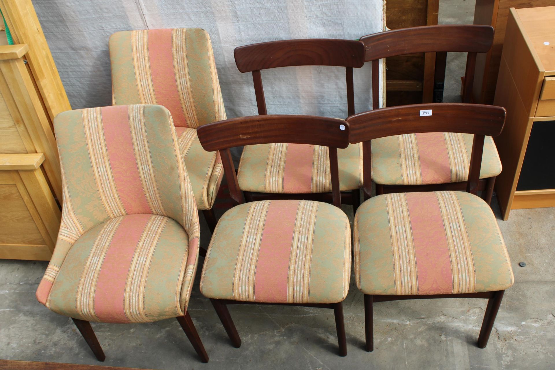 A SET OF FOUR RETRO TEAK DINING CHAIRS AND A PAIR OF CHAIRS IN MATCHING UPHOLSTERY