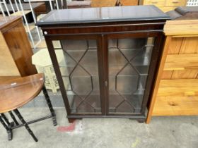 A MAHOGANY AND INLAID ASTRAGRAL GLAZED TWO DOOR BOOKCASE, 34" WIDE