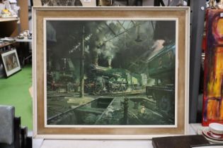 A LARGE 1960'S CUNEO PRINT OF STEAM ENGINES