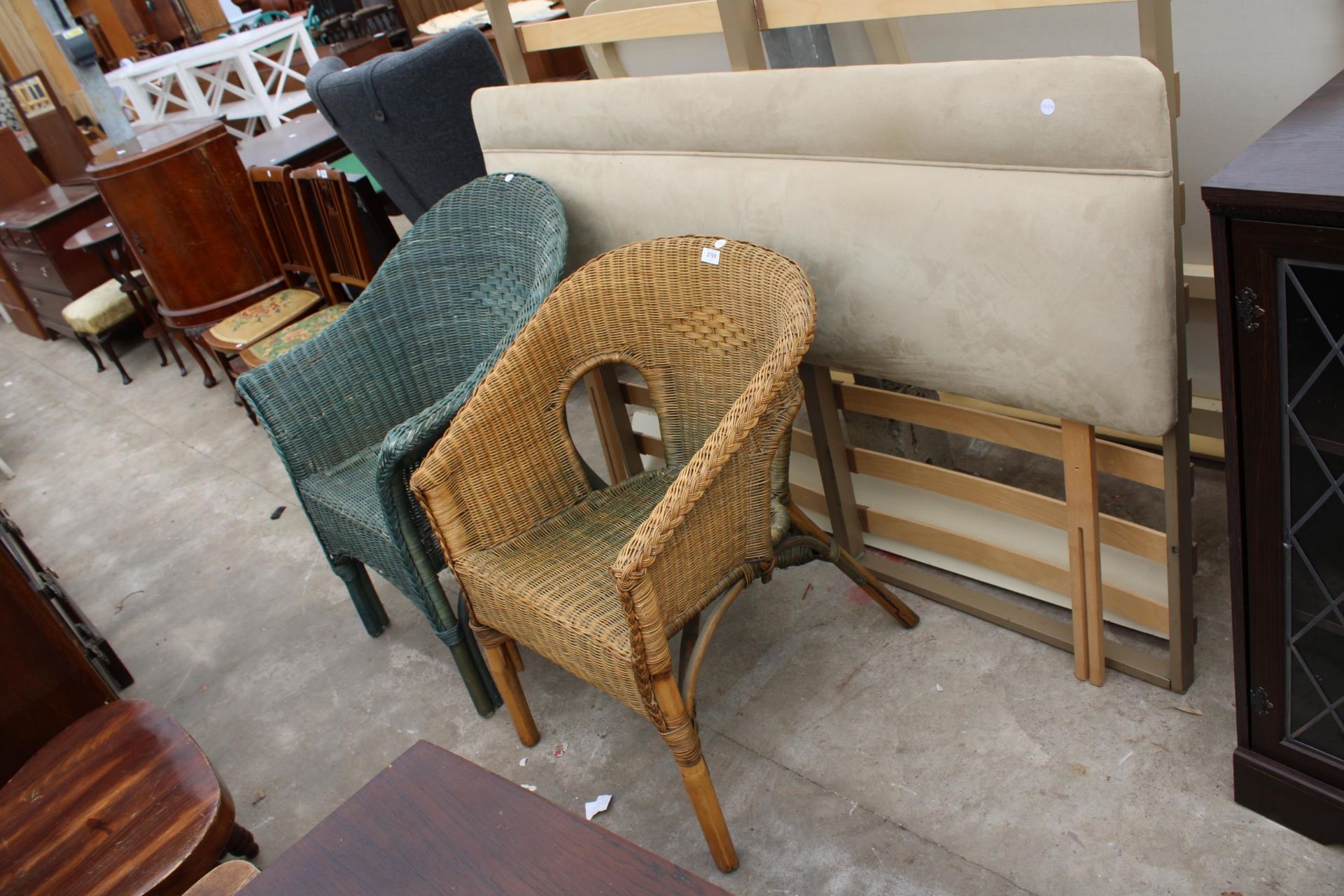 TWO WICKER CONSERVATORY CHAIRS AND 5' HEADBOARD