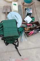 AN ASSORTMENT OF GARDEN ITEMS TO INCLUDE PLANT SUPPORTS, HAND TOOLS AND NETTING ETC