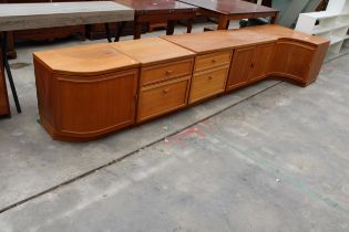 A RANGE OF FOUR RETRO LOW UNITS ENCLOSING CUPBOARDS AND DRAWERS