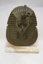 A LARGE HEAVY EGYPTIAN HEAD ON MARBLE BASE
