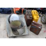 AN ASSORTMENT OF ITEMS TO INCLUDE A COOKING POT, A GALVANISED BUCKET AND TWO JERRY CANS ETC