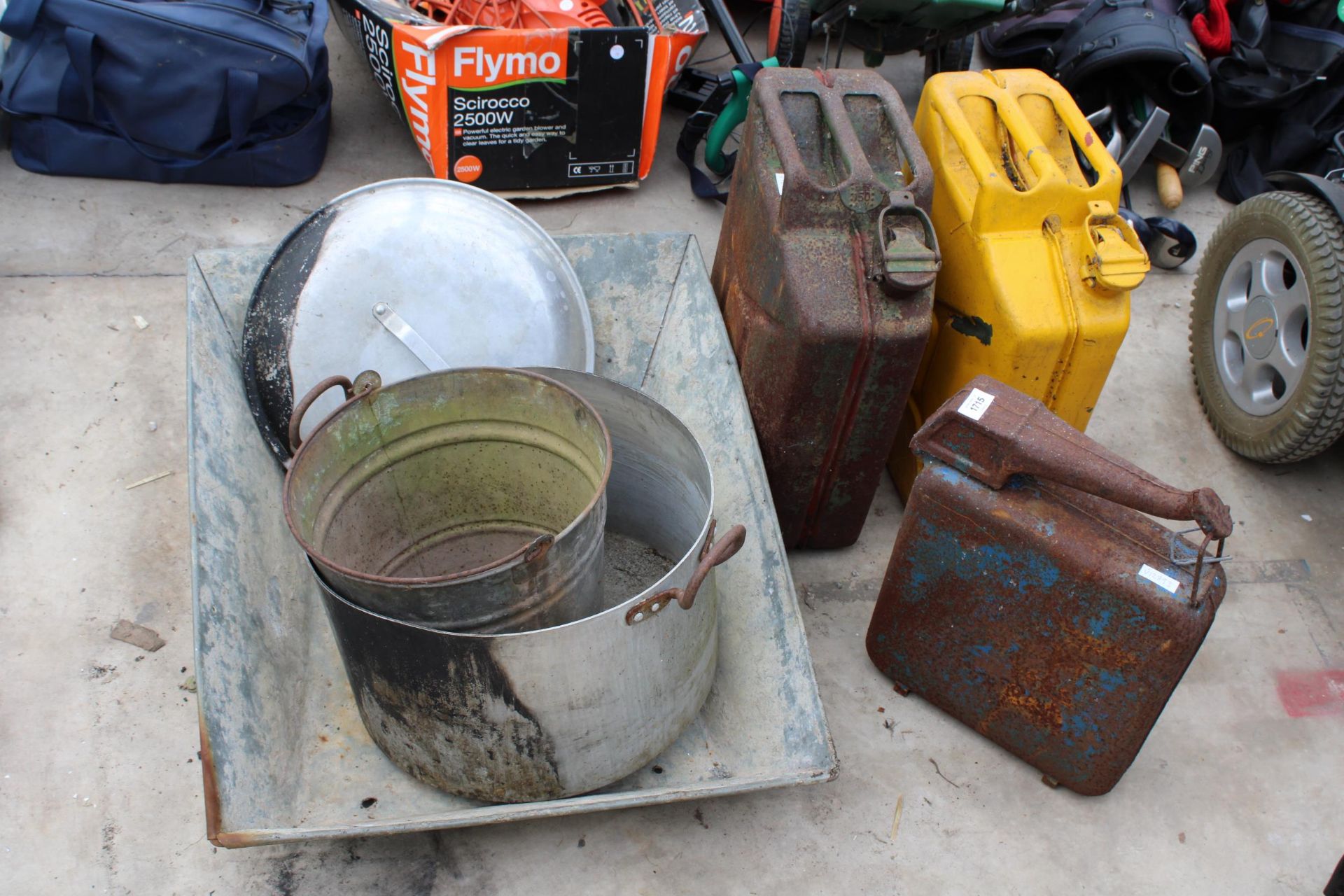 AN ASSORTMENT OF ITEMS TO INCLUDE A COOKING POT, A GALVANISED BUCKET AND TWO JERRY CANS ETC
