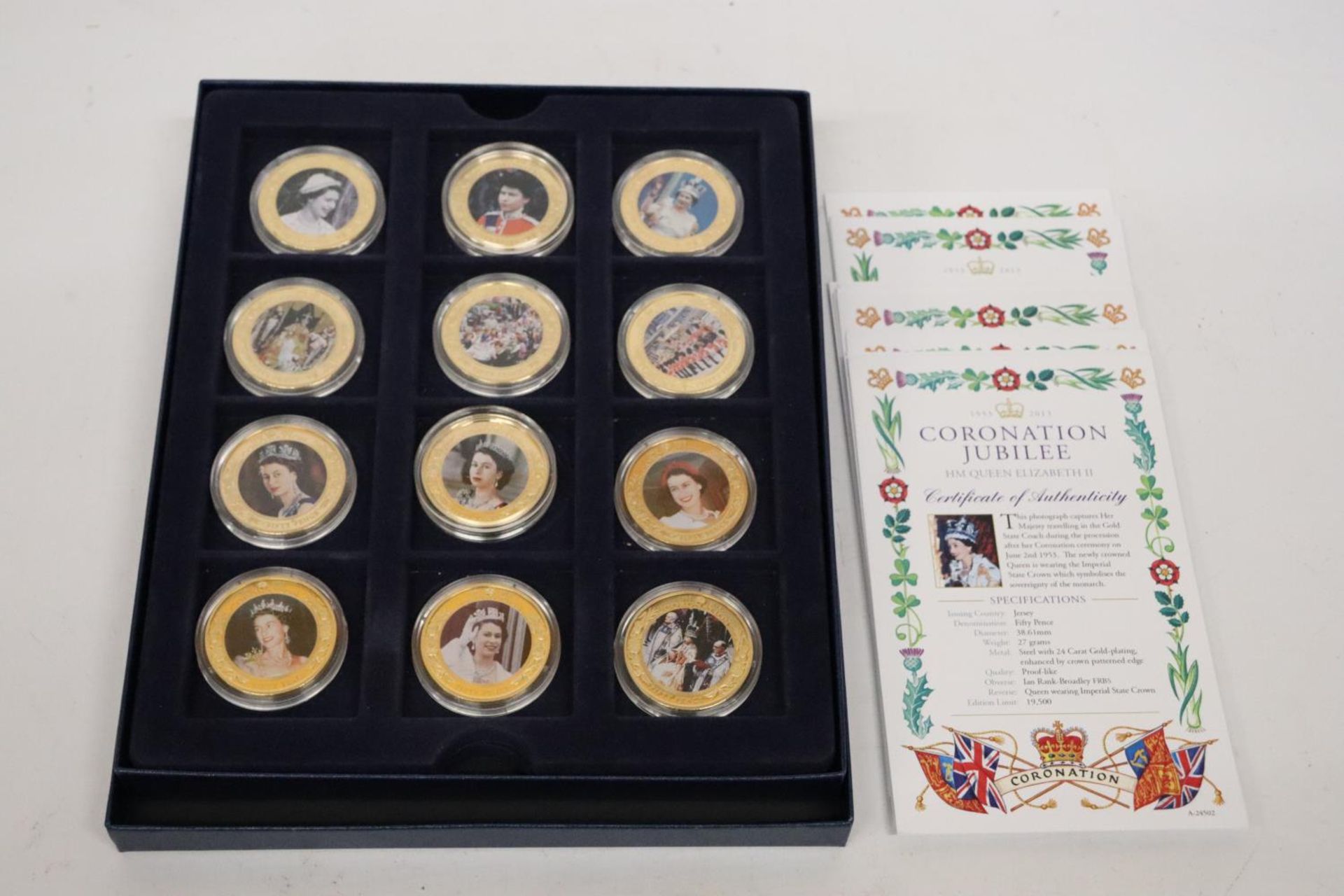1953-2013 CORONATION JUBILEE OF HM QUEEN ELIZABETH 11, A SELECTION OF 16, 24 CARAT GOLD PLATED COINS