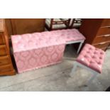 A MODERN PINK OTTOMAN AND TWO PINK STOOLS