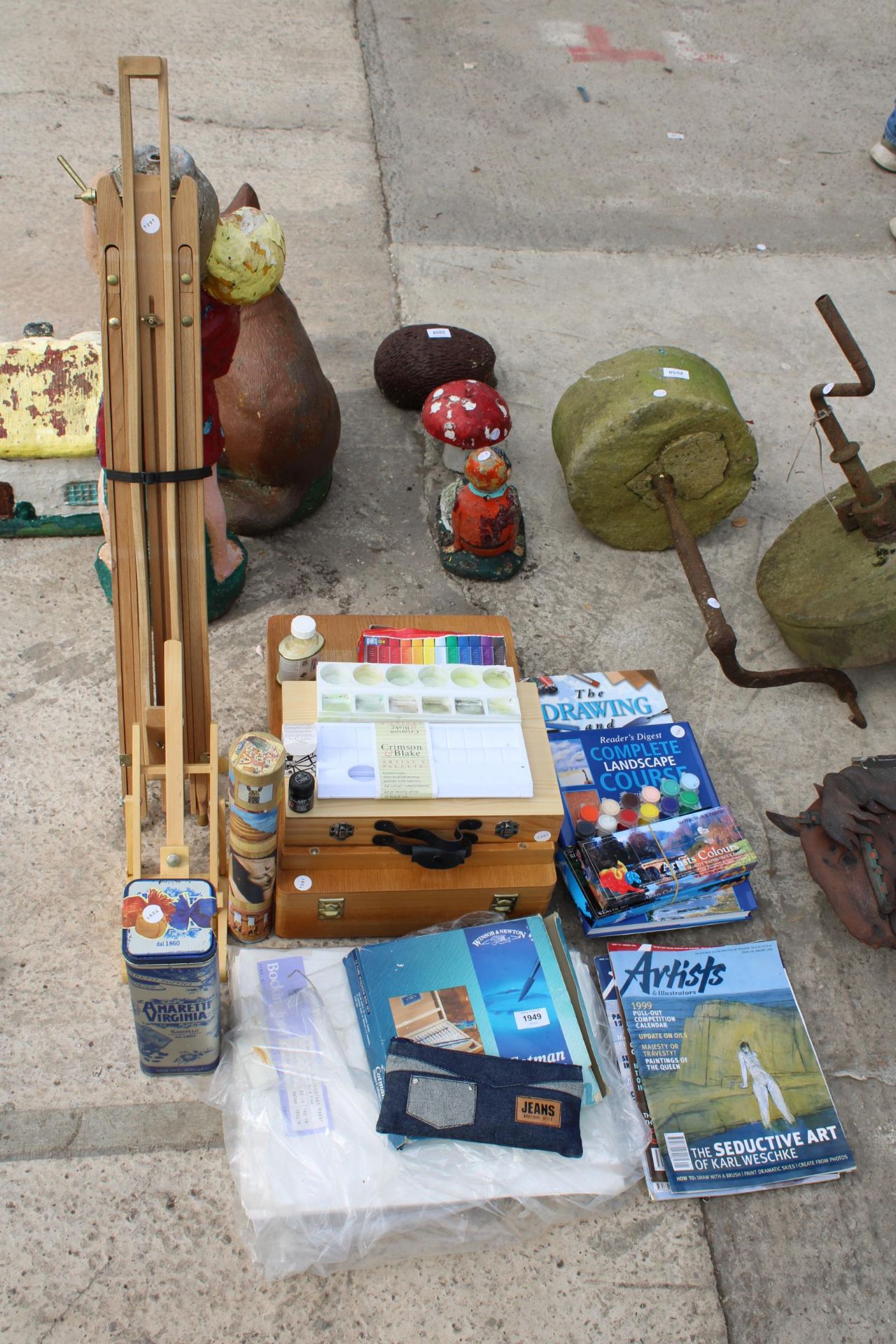 AN ASSORTMENT OF ARTISTS ITEMS TO INCLUDE AN EASEL, PAINTS AND PAPER ETC