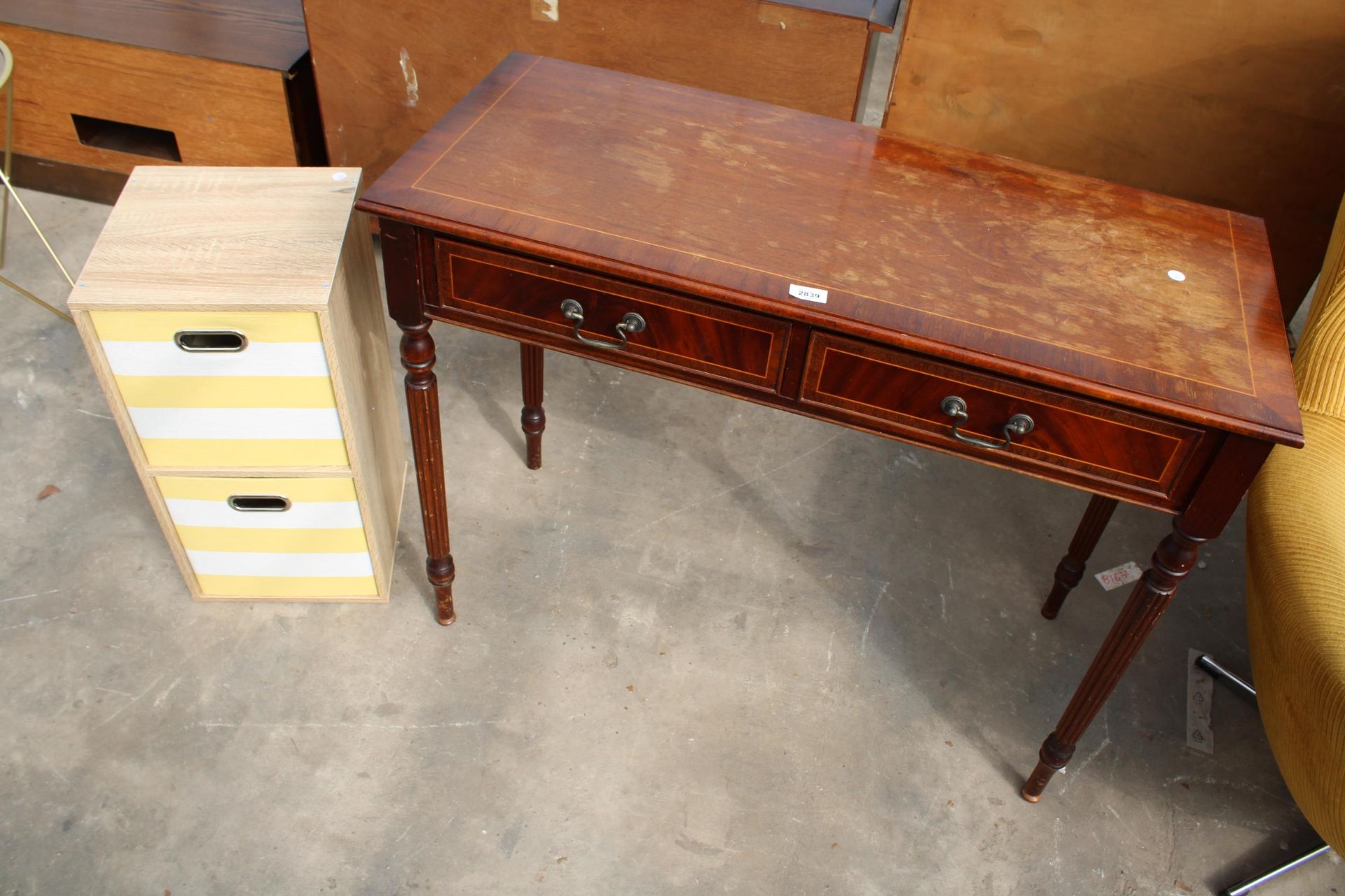 A MODERN MAHOGANY AND INLAID TWO DRAWER SIDE TABLE AND TWO BATHROOM CHESTS